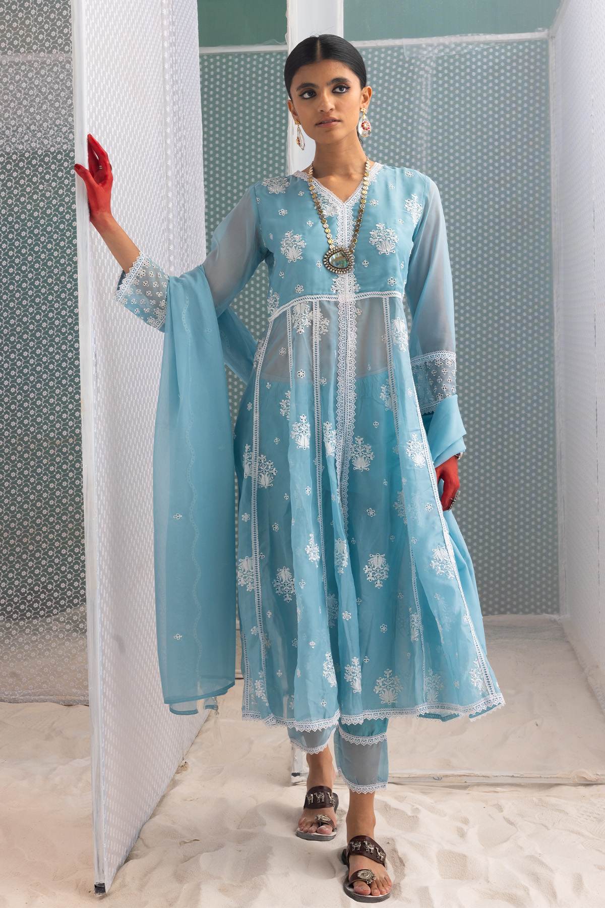 Blue Chikankari Flared Kurta Set