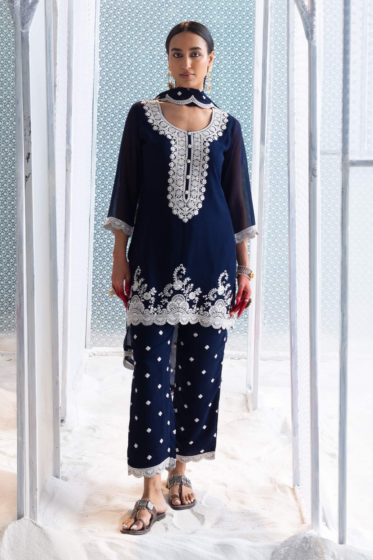 Blue Embroidered Straight Kurta Set