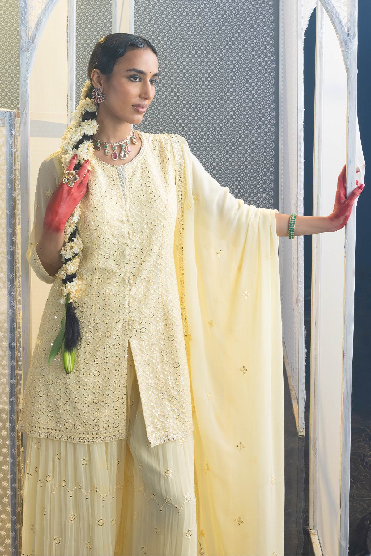 Yellow Embroidered Embellished Straight Kurta Set