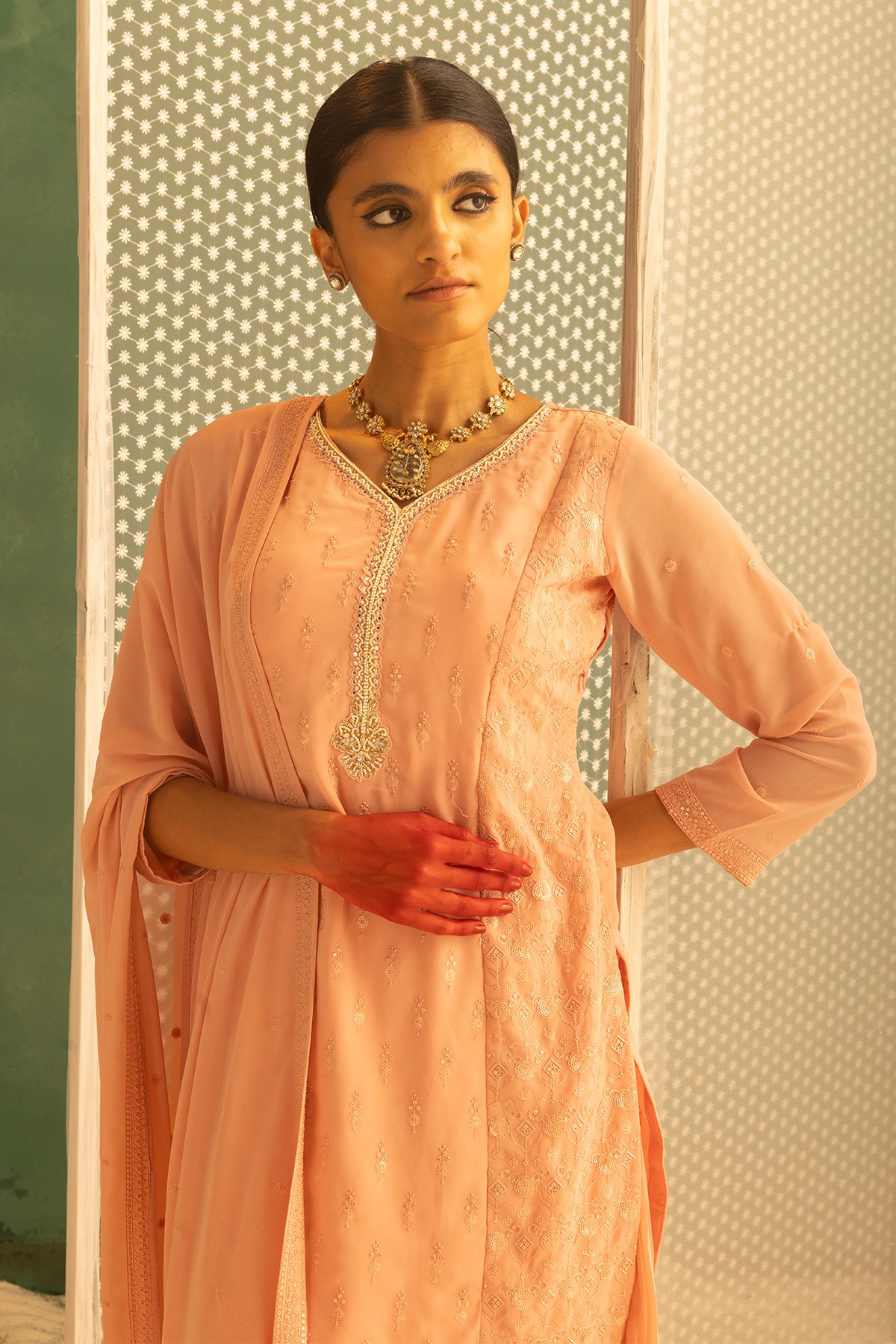 Peach Embroidered Short Kurta Set