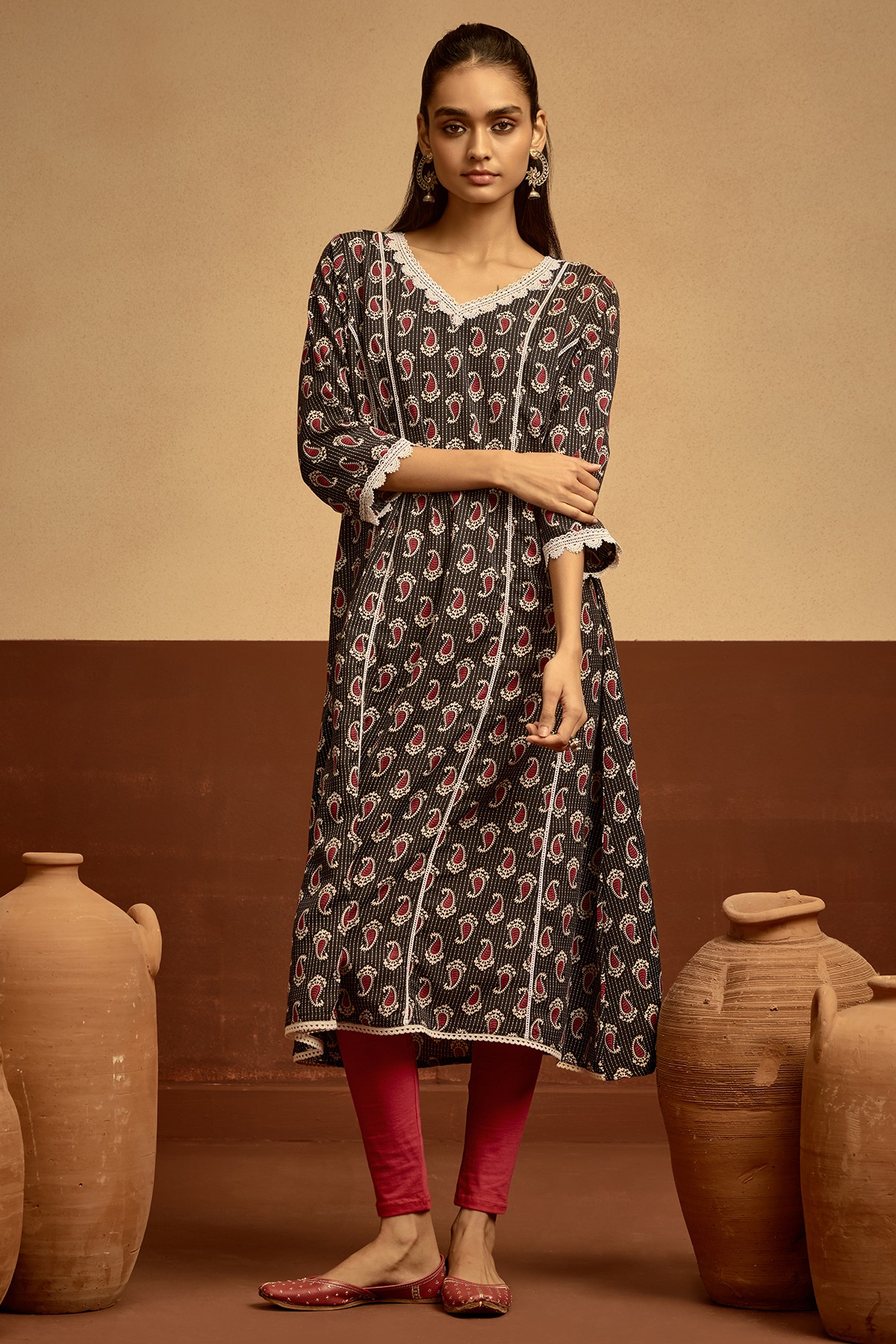 Black Printed A-line Kurta