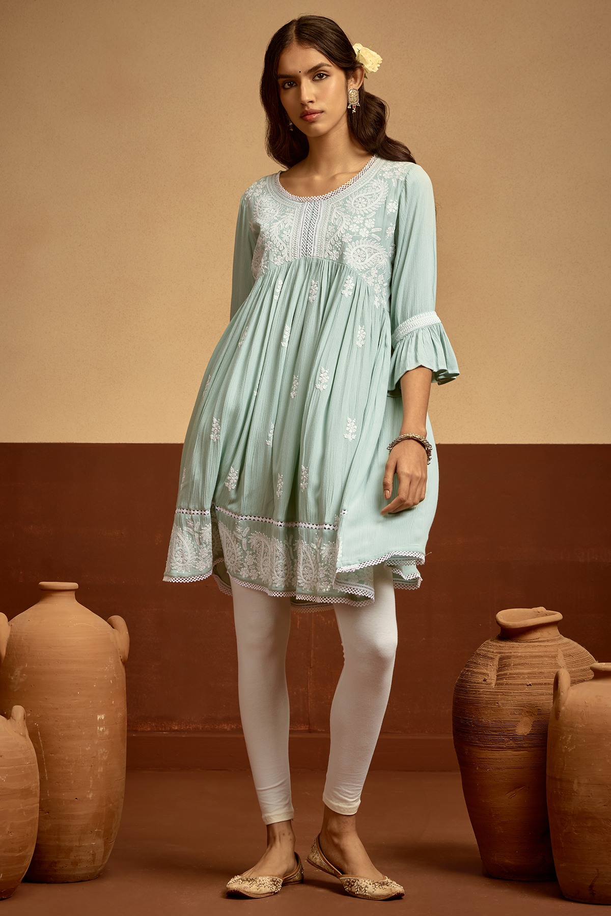 Green Embroidered Flared Tunic