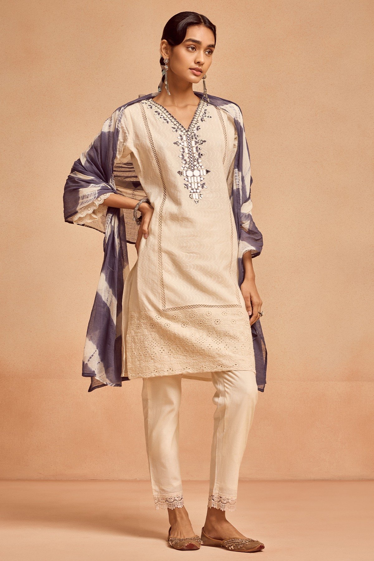 Cream Embroidered Kurta Set