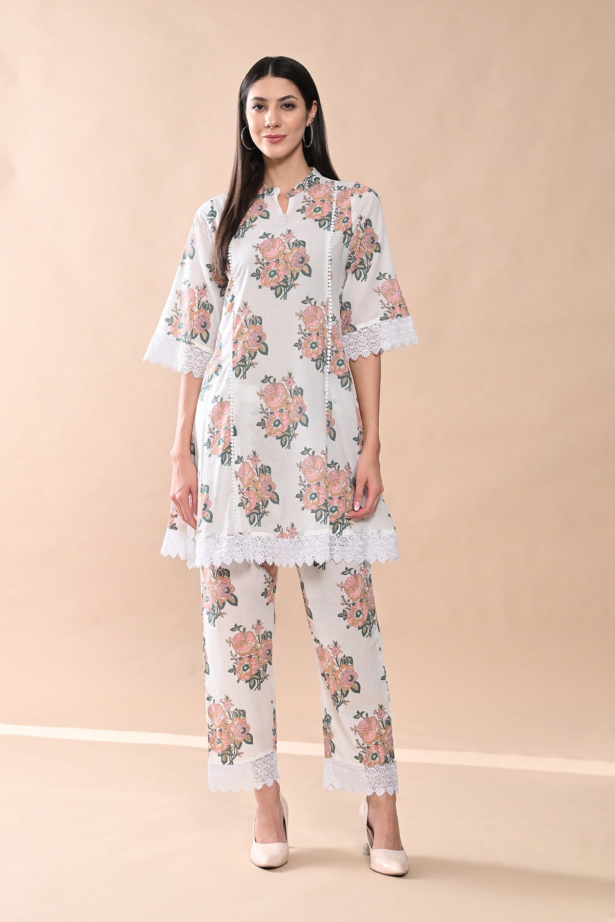 White Printed A-line Kurta Set