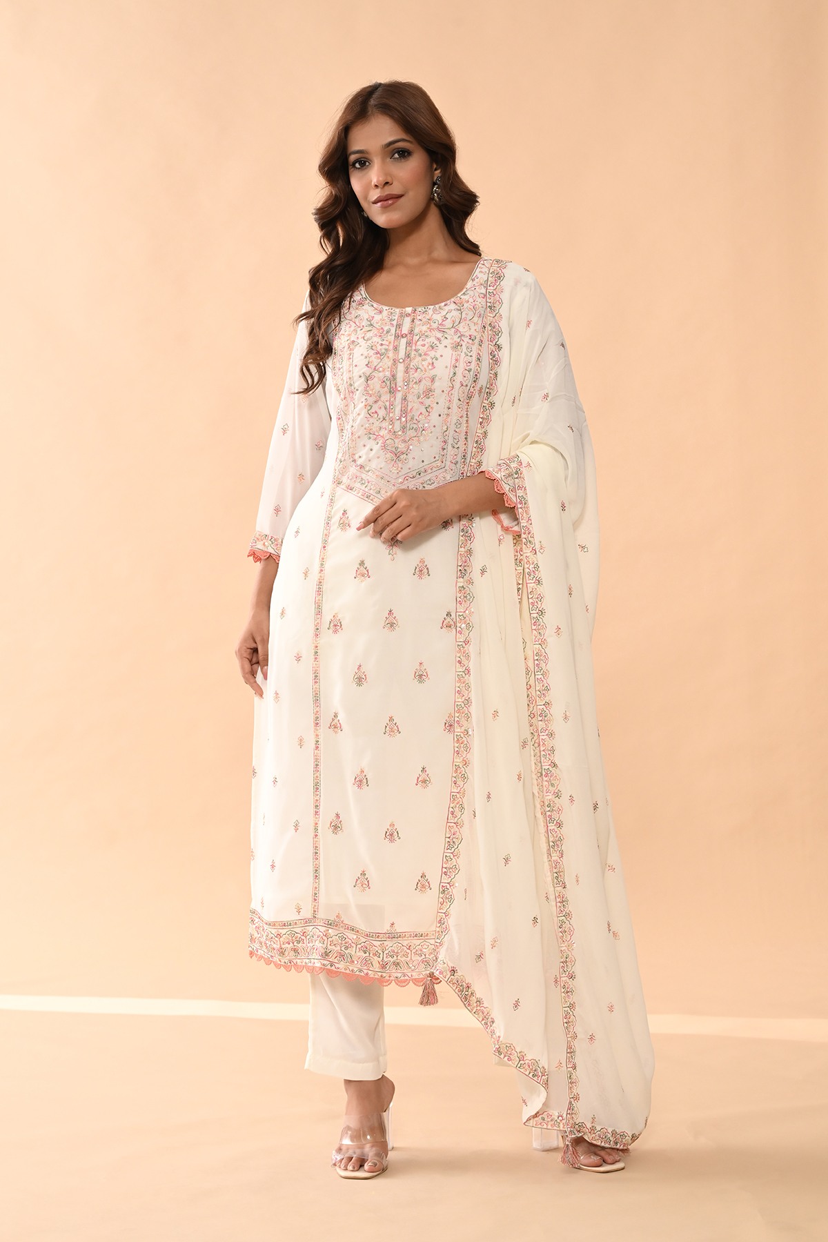 Cream Embroidered Kurta Set