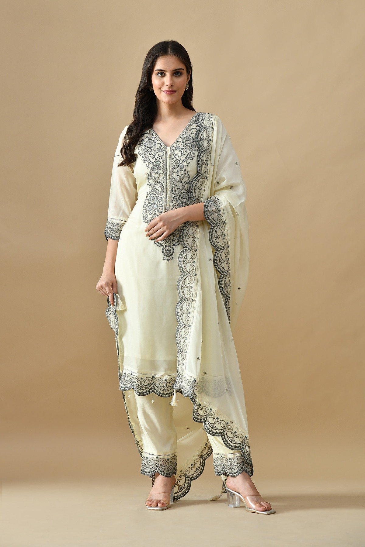 Cream Embroidered Kurta Set