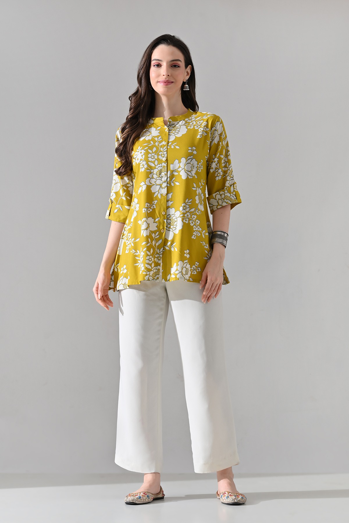 Mustard Printed Straight Kurti