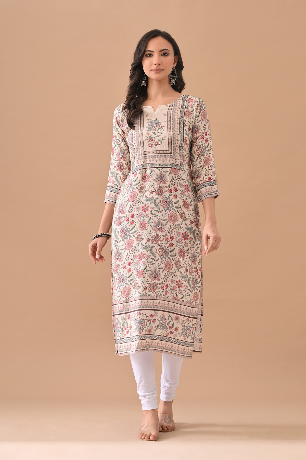 Cream Printed Straight Kurta