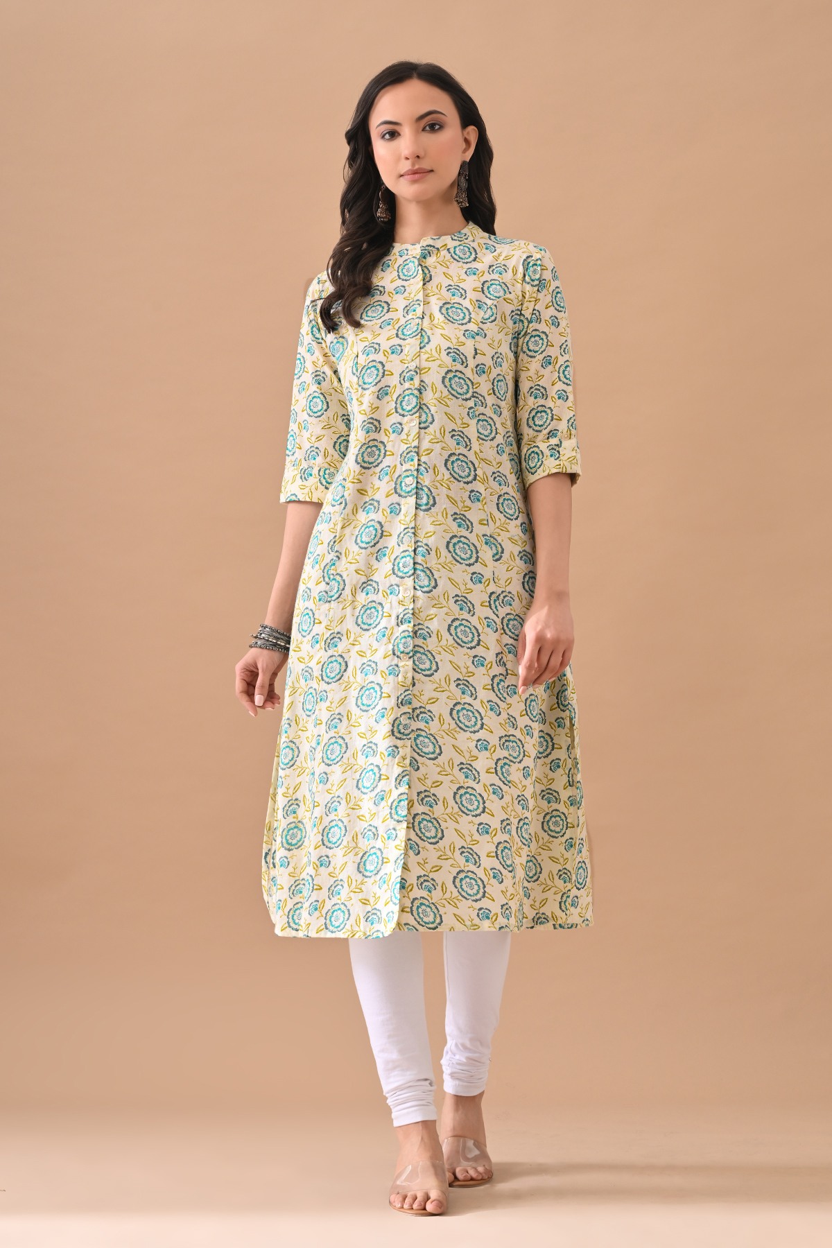 Cream Printed A-line Kurta