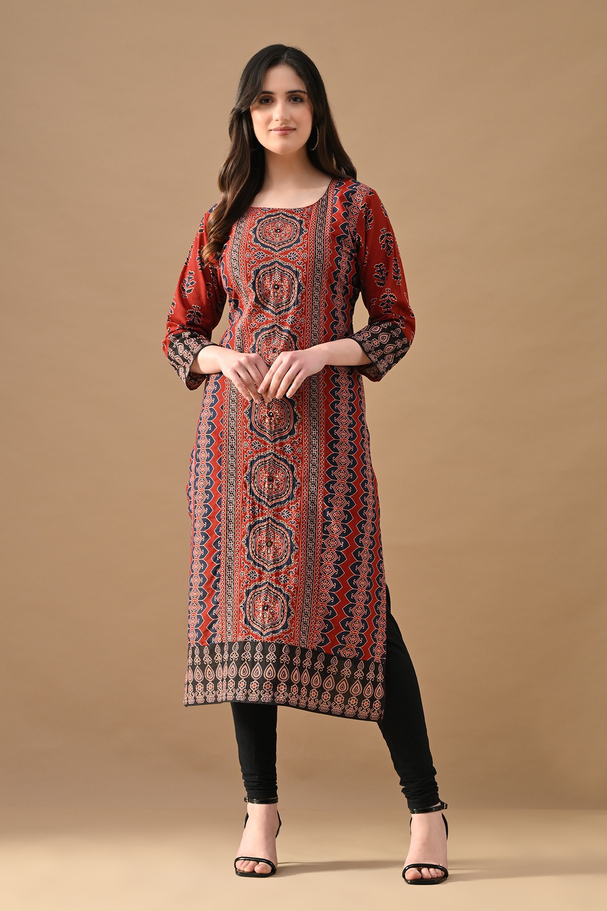 Rust Printed Straight Kurta