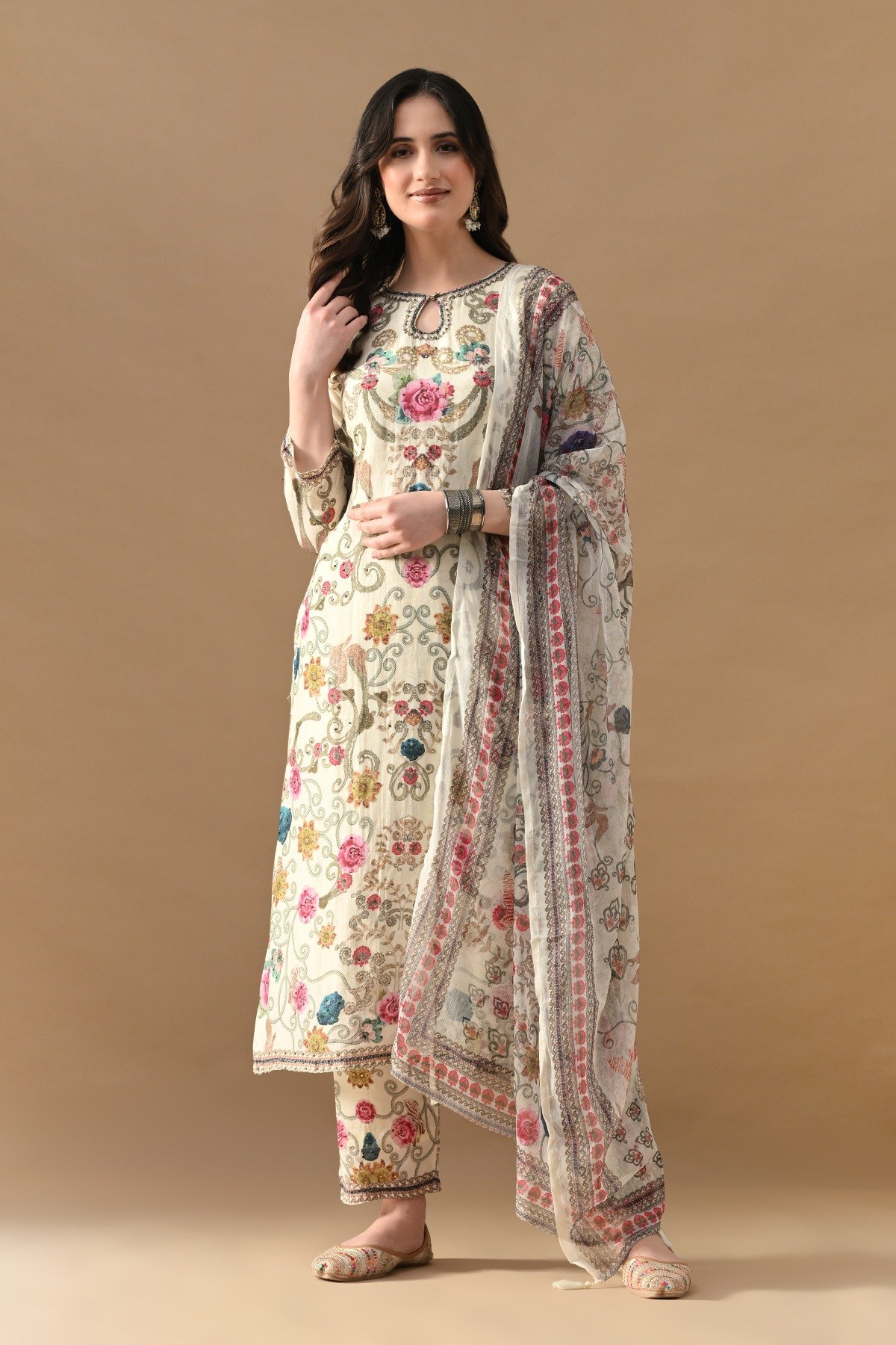 Cream Stone Embellished Kurta Set