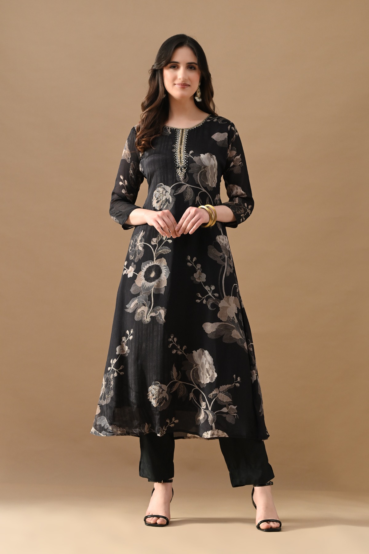 Black Printed A-Line Kurta Set