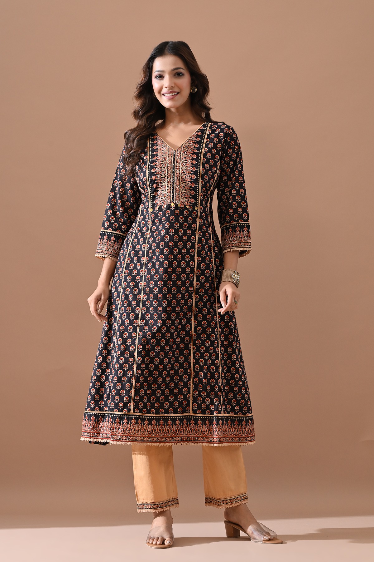 Black Printed A-line Kurta Set