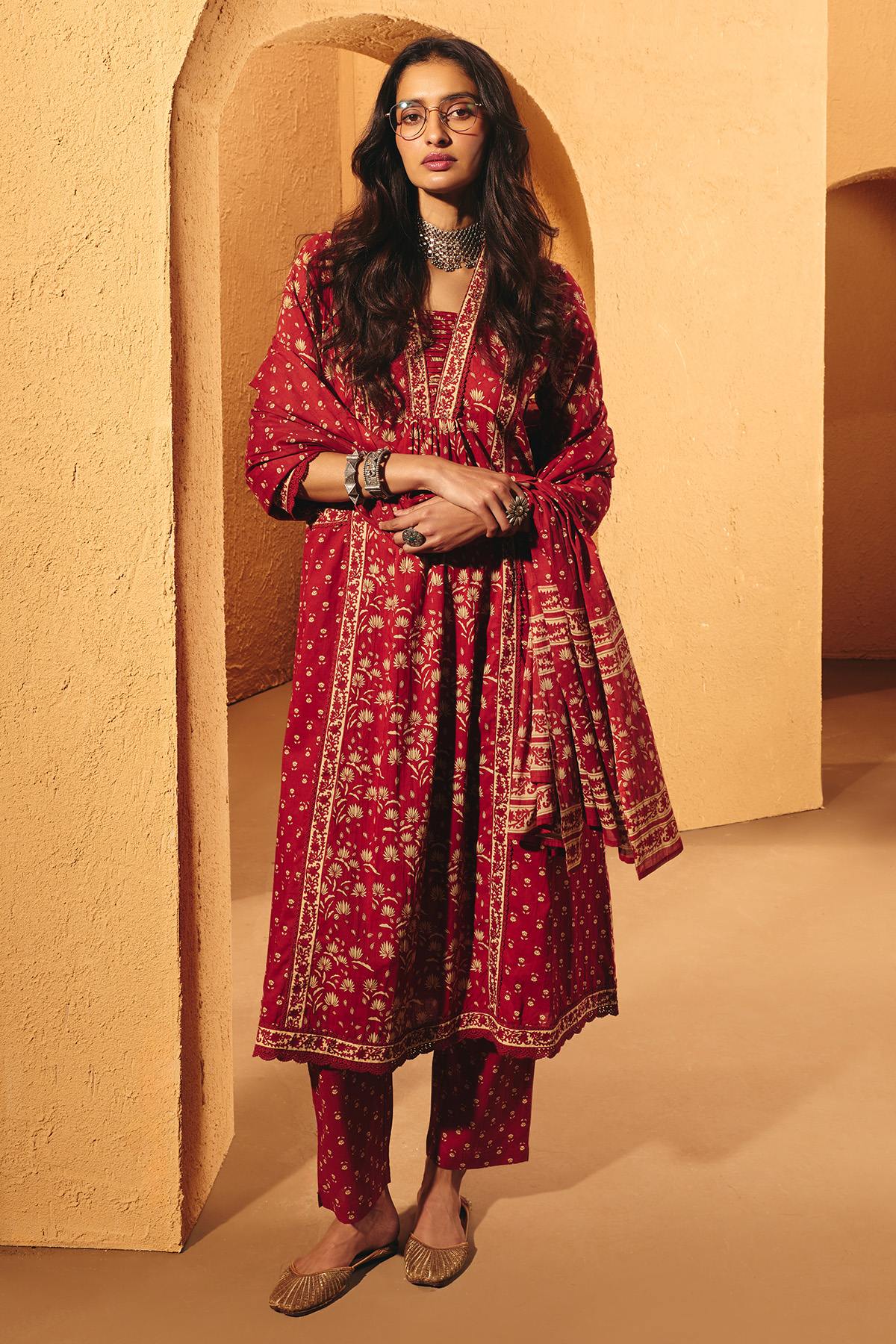 Rust Printed Flared Kurta Set