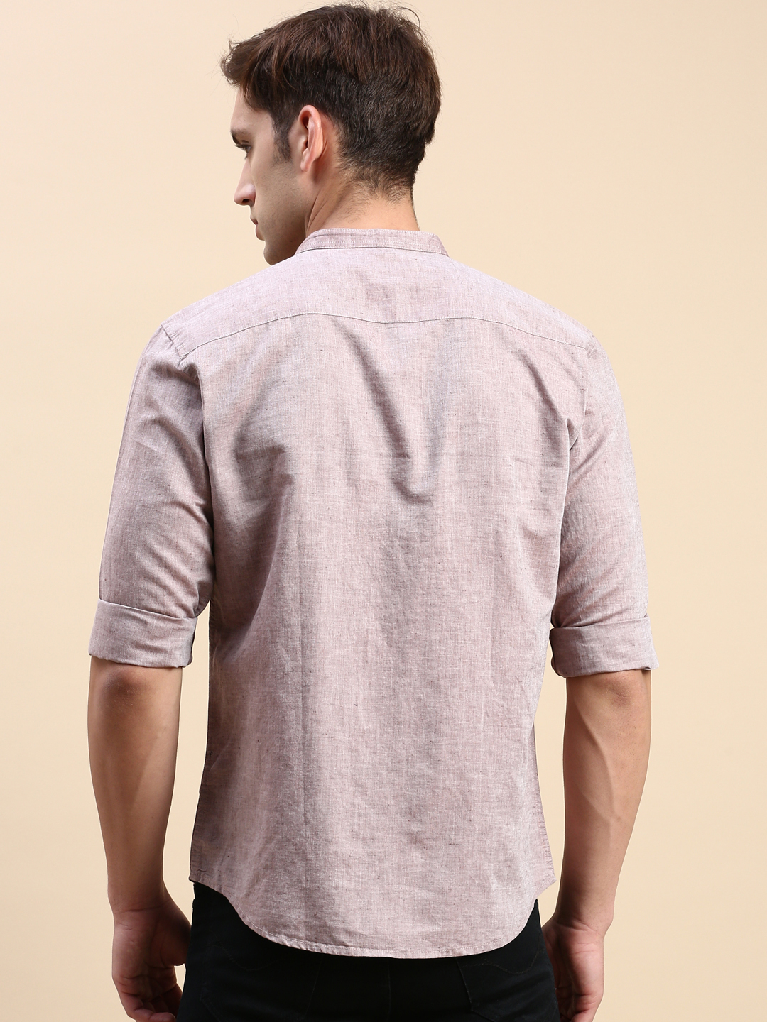 SHOWOFF Men's Mandarin Collar Taupe Slim Fit Solid Shirt