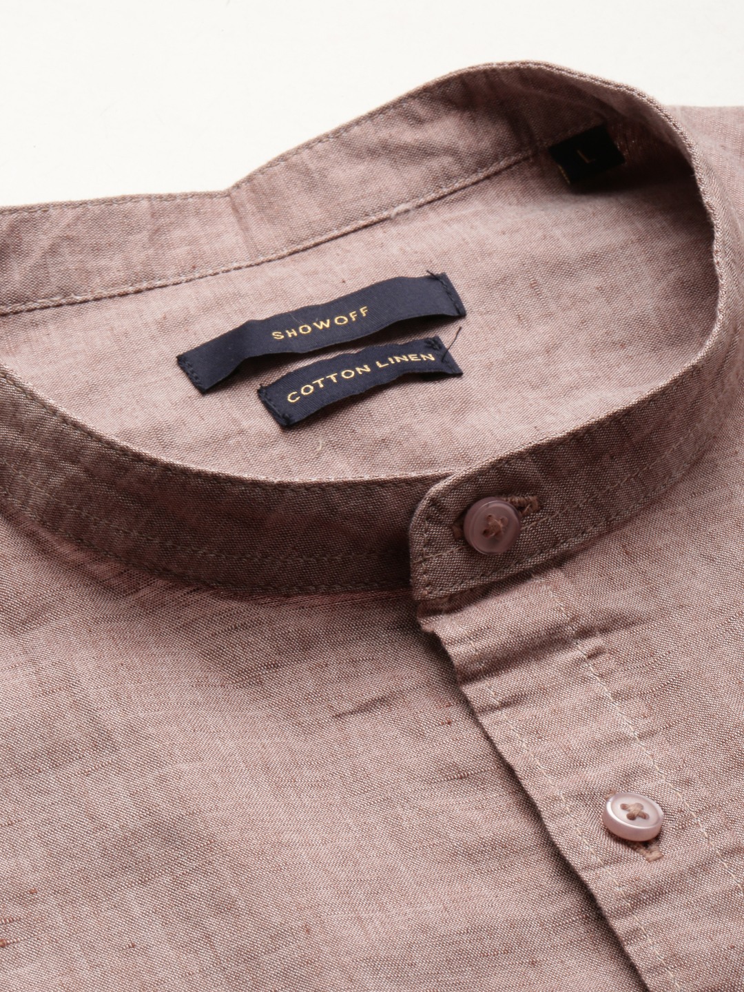 SHOWOFF Men's Mandarin Collar Taupe Slim Fit Solid Shirt