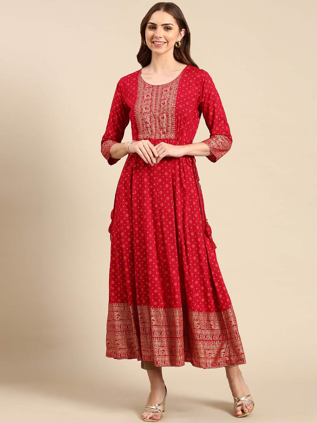 SHOWOFF Women's Ankle Length Floral Anarkali Magenta Kurta