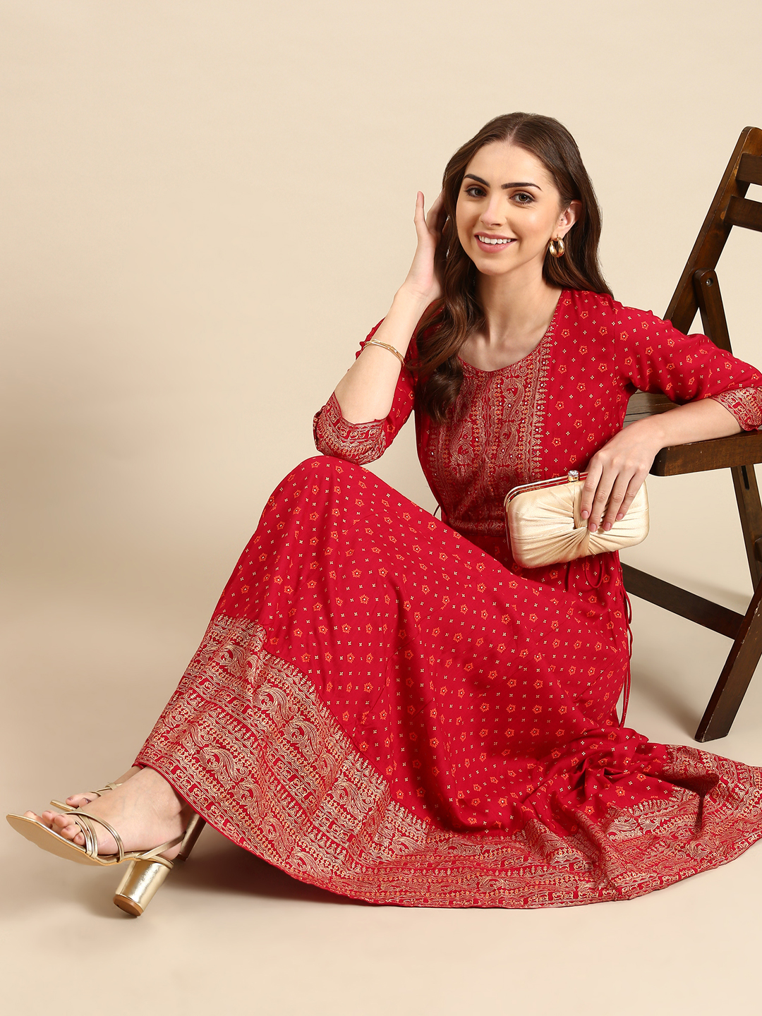 SHOWOFF Women's Ankle Length Floral Anarkali Magenta Kurta