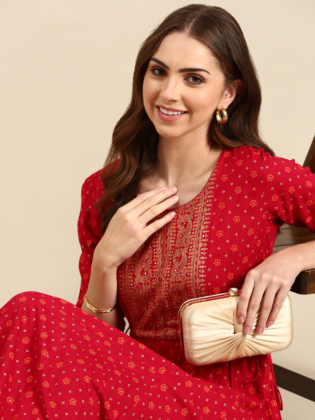 SHOWOFF Women's Ankle Length Floral Anarkali Magenta Kurta