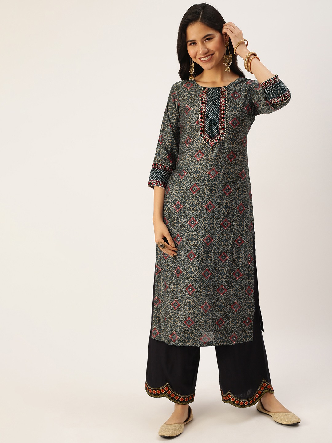 SHOWOFF Women Green Ethnic Motifs Round Neck Three-Quarter Sleeves Mid Length Straight Kurta