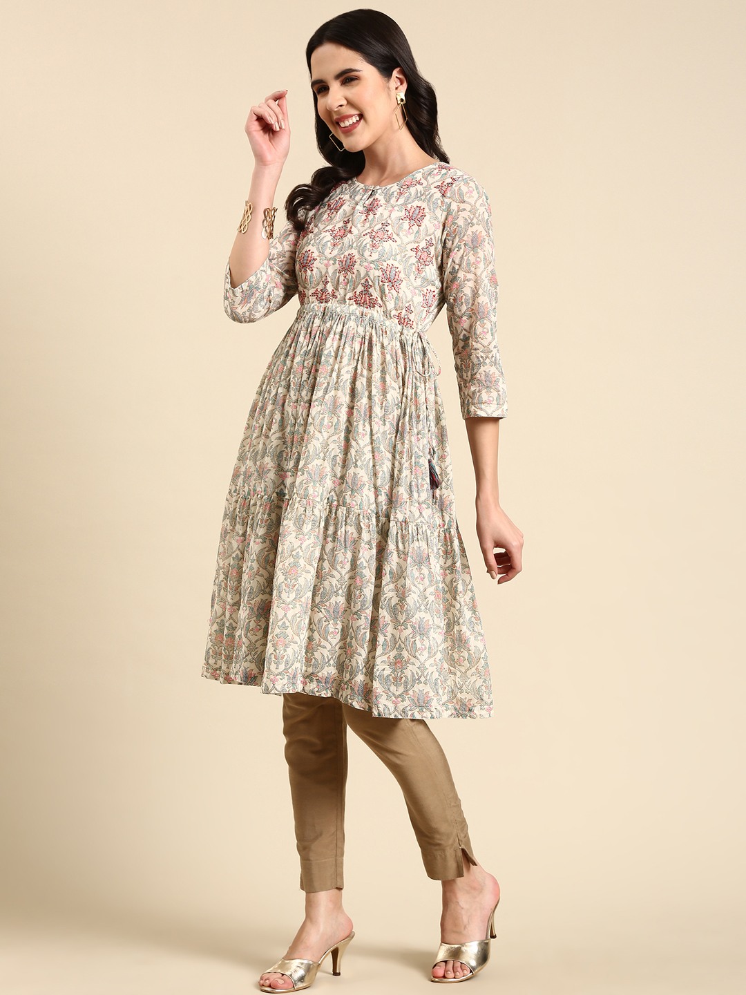 SHOWOFF Women s Knee Length Floral Anarkali Cream Kurta Showoff