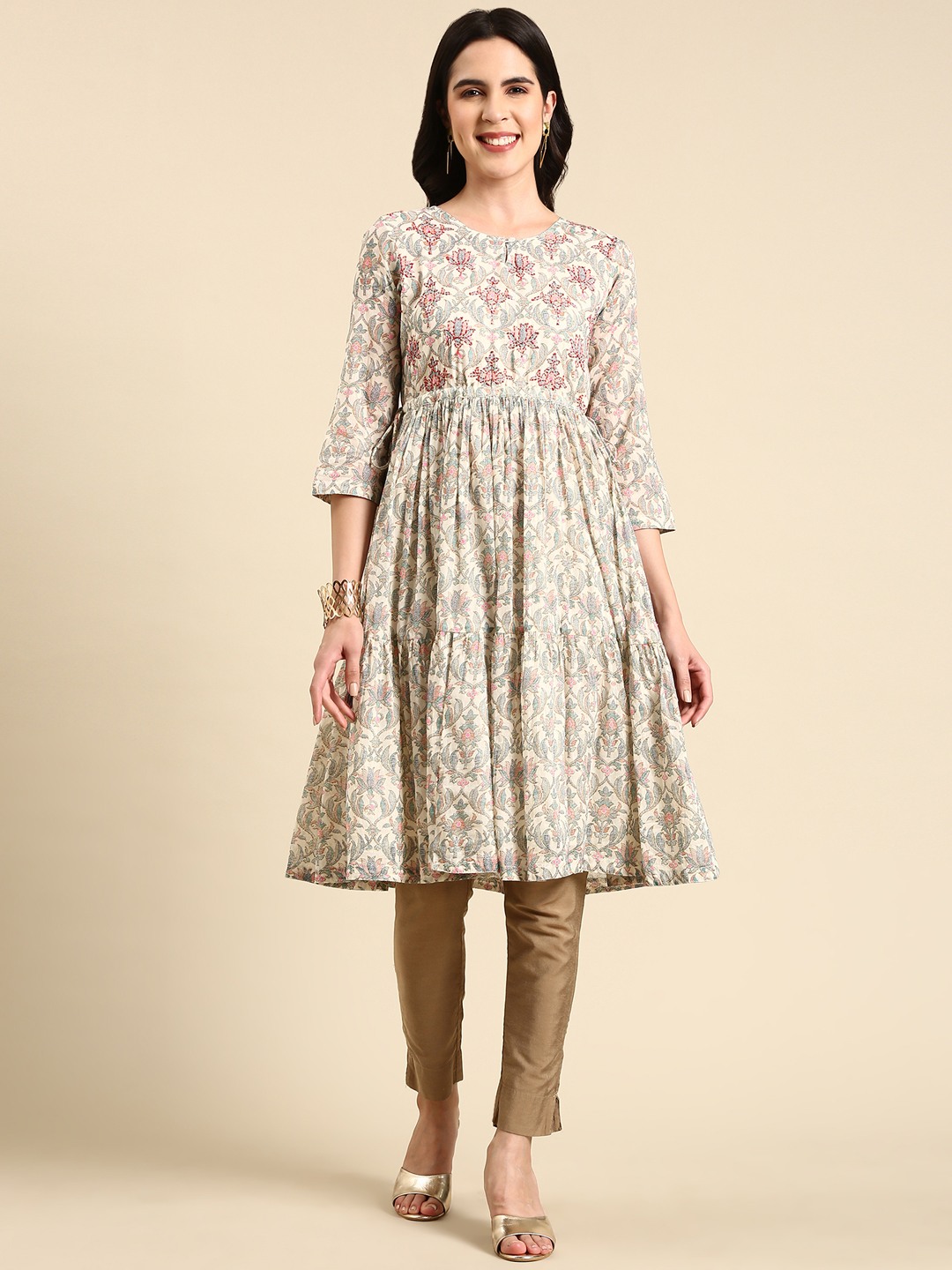 SHOWOFF Women s Knee Length Floral Anarkali Cream Kurta