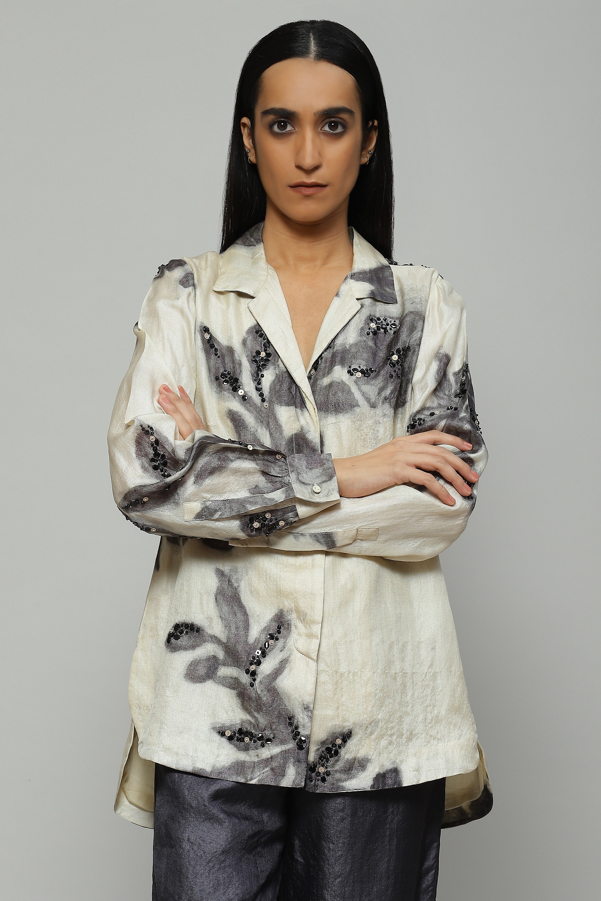 Printed And Sequinned Tussar Shirt