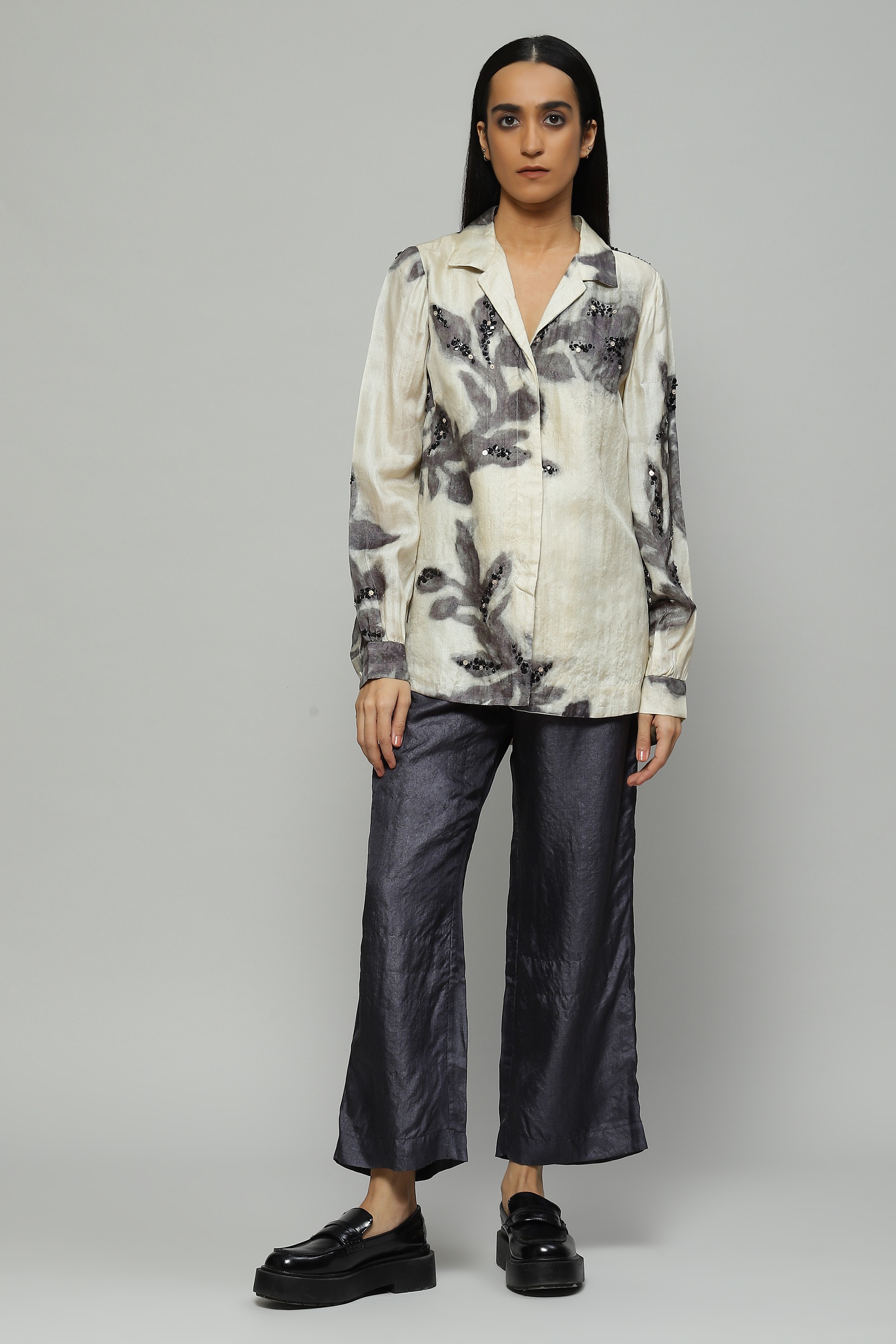 Printed And Sequinned Tussar Shirt