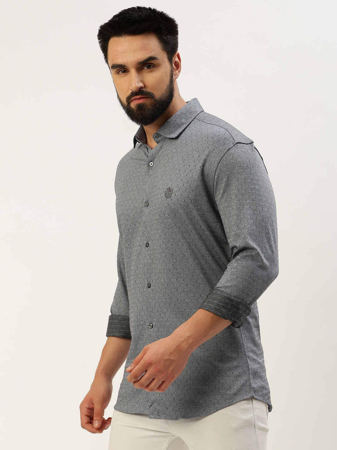 Showoff | SHOWOFF Men's Spread Collar Self Design Grey Regular Fit Shirt 2