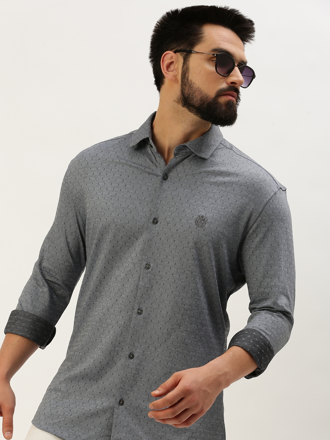 Showoff | SHOWOFF Men's Spread Collar Self Design Grey Regular Fit Shirt 0