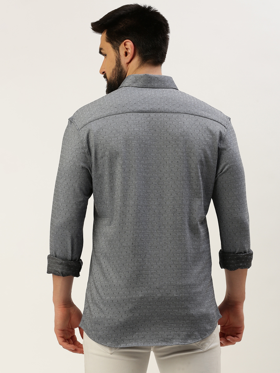 Showoff | SHOWOFF Men's Spread Collar Self Design Grey Regular Fit Shirt 3