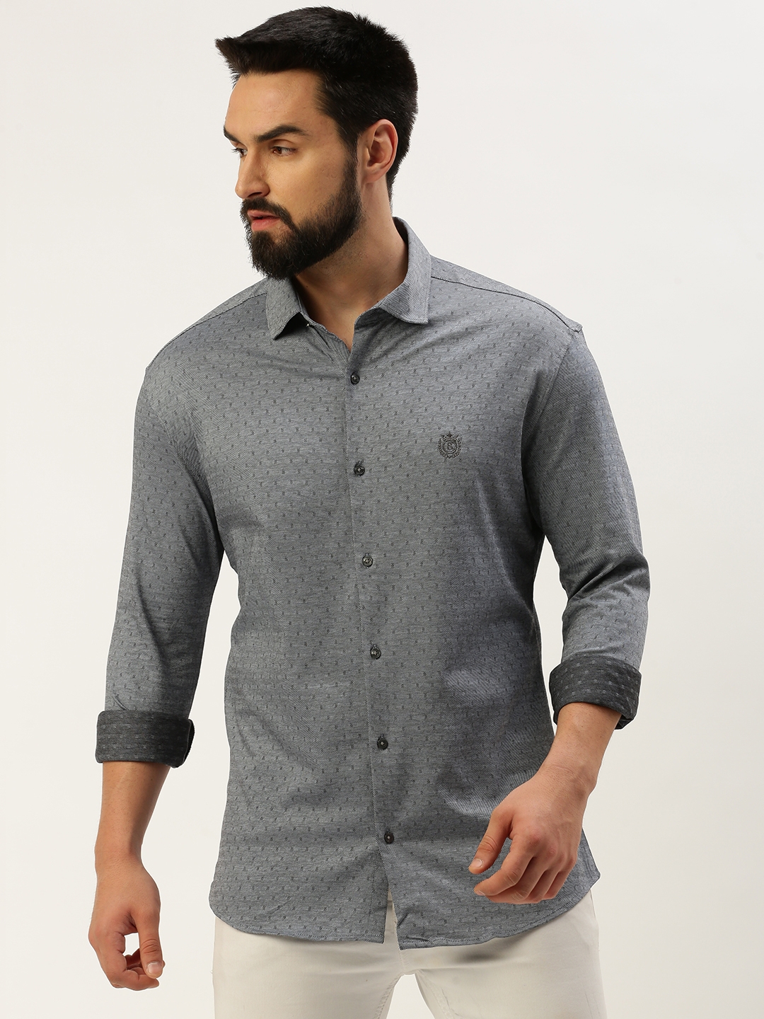 Showoff | SHOWOFF Men's Spread Collar Self Design Grey Regular Fit Shirt 1