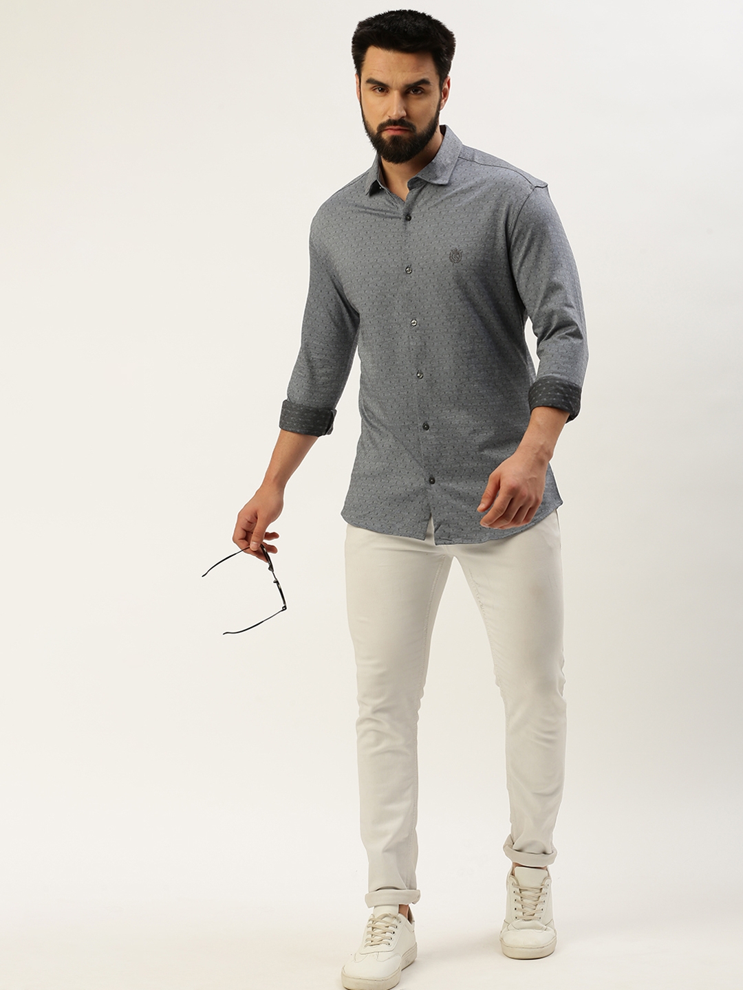 Showoff | SHOWOFF Men's Spread Collar Self Design Grey Regular Fit Shirt 4