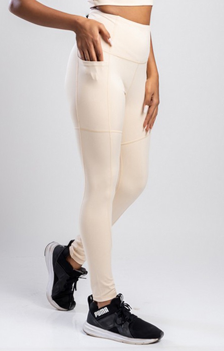 Women's Beige Solid Nylon Activewear Legging