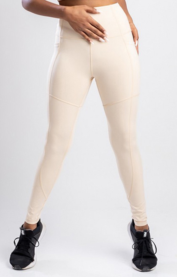 Women's Beige Solid Nylon Activewear Legging