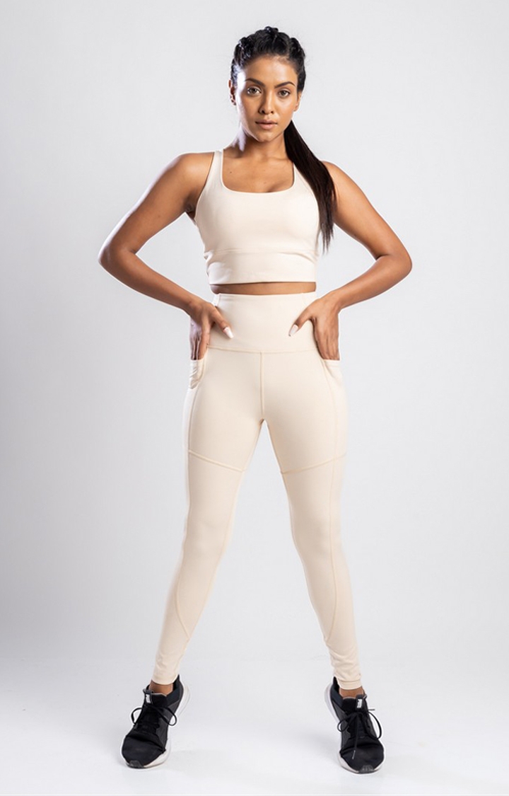 SKNZ Activewear | Women's Beige Solid Nylon Tracksuit