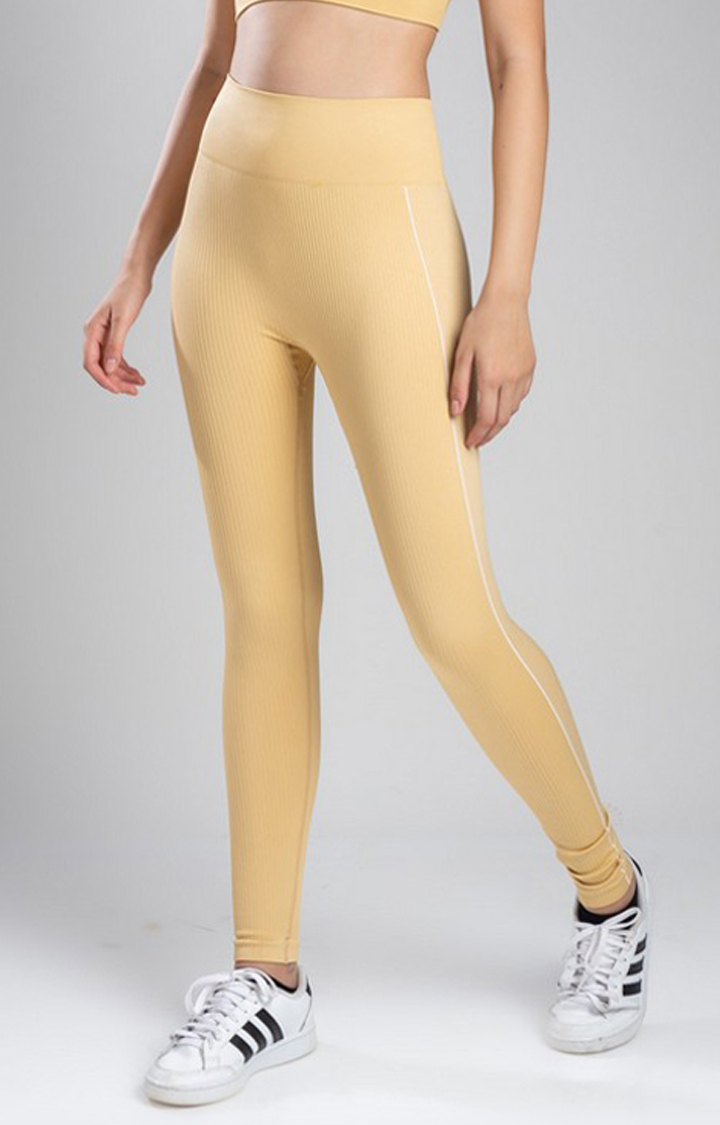 Women's Yellow Solid Nylon Activewear Legging