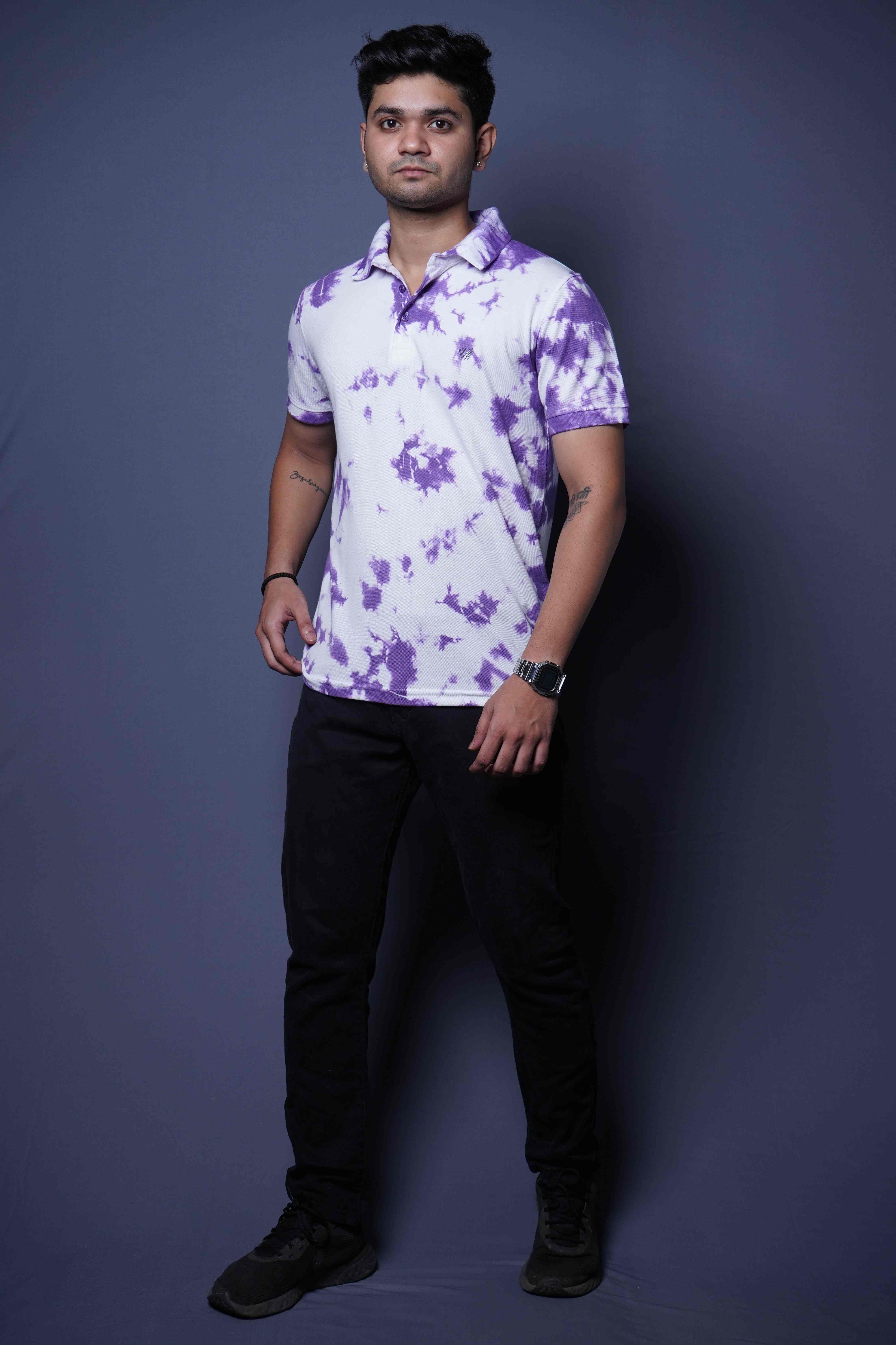 Only White Contrast Light White and Purple Polo Neck Cotton T-Shirt