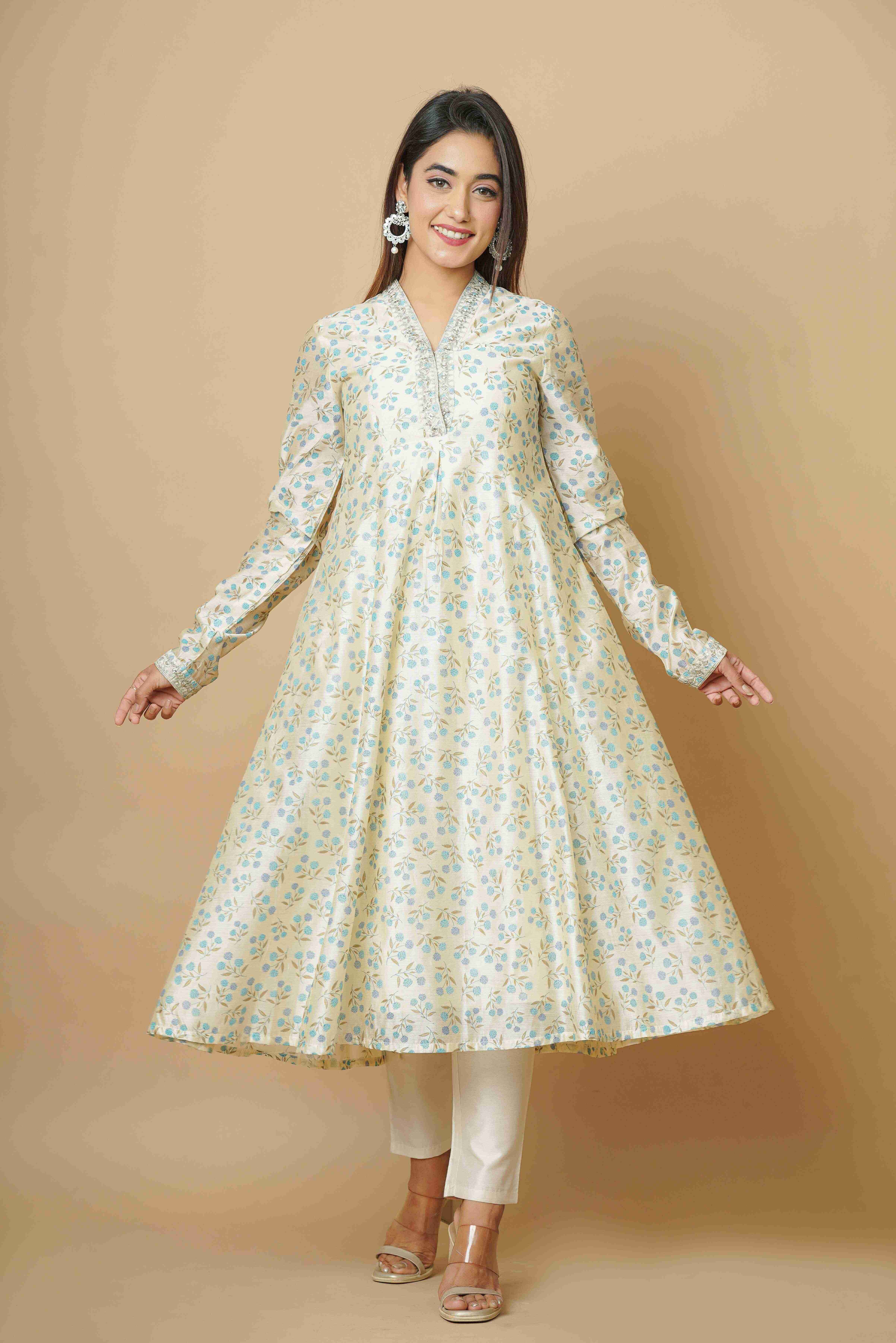 BEIGE EMBROIDERED PARTY WEAR KURTA SET