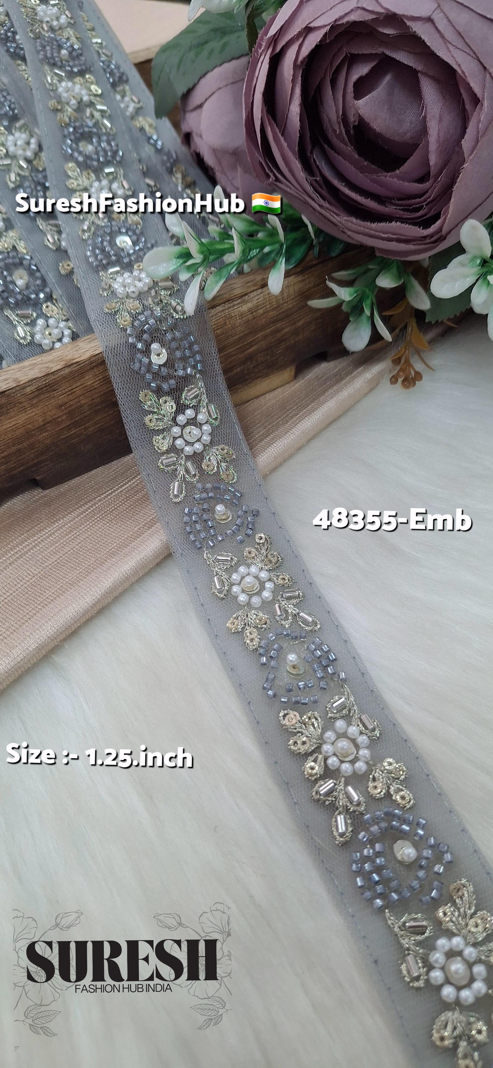 Grey Beaded Bloom Net Embroidered Lace