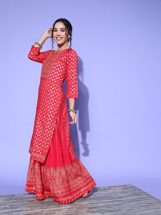 Red kurta design in gold foil print zari work- Zedanya Clothing