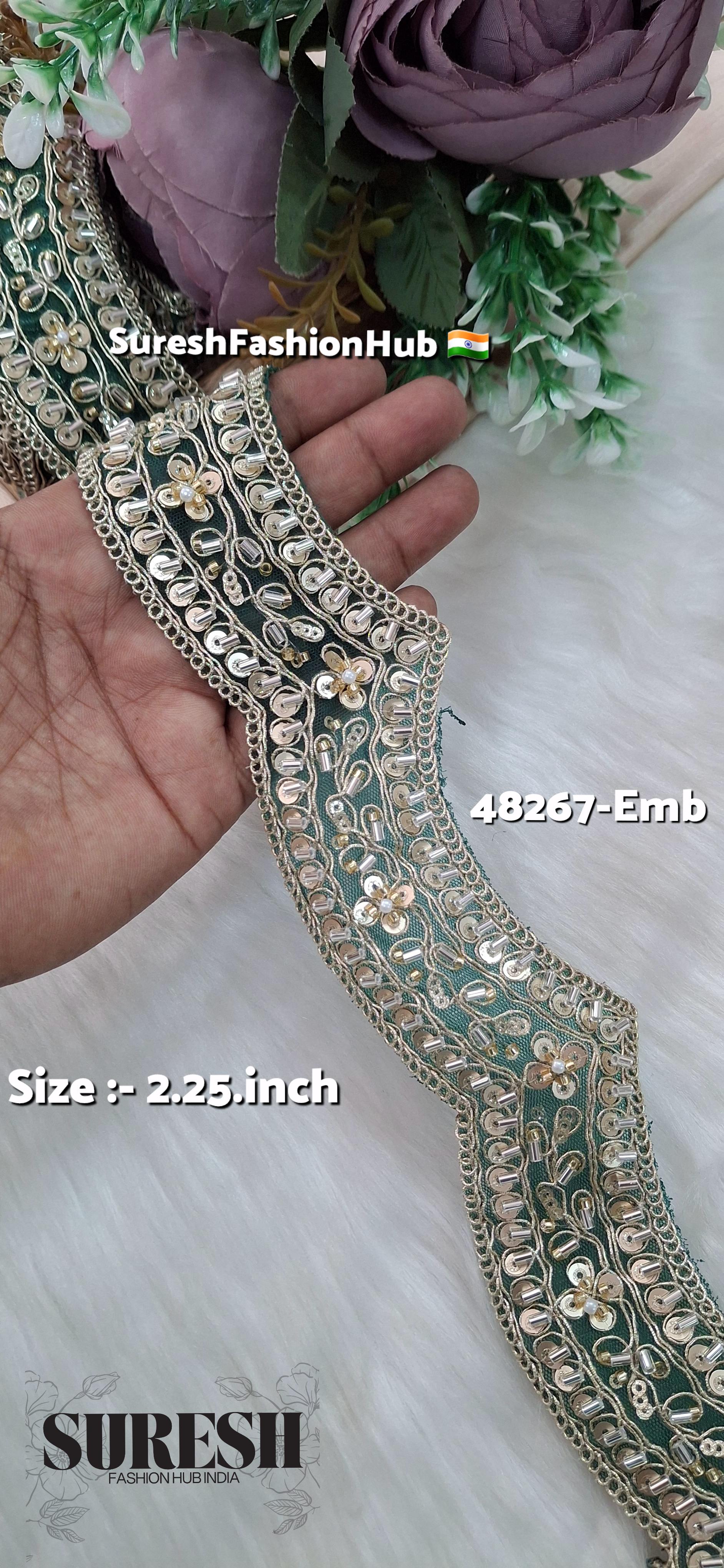 Bottle Green Scallop Pearl Embroidery Lace