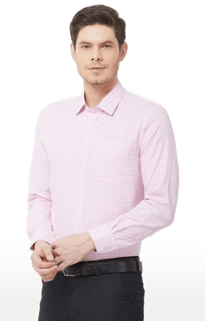 SOLEMIO | Men's Pink Cotton Blend Checked Formal Shirt 2