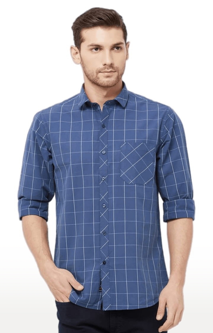 SOLEMIO | Men's Blue Cotton Checked Casual Shirt 0