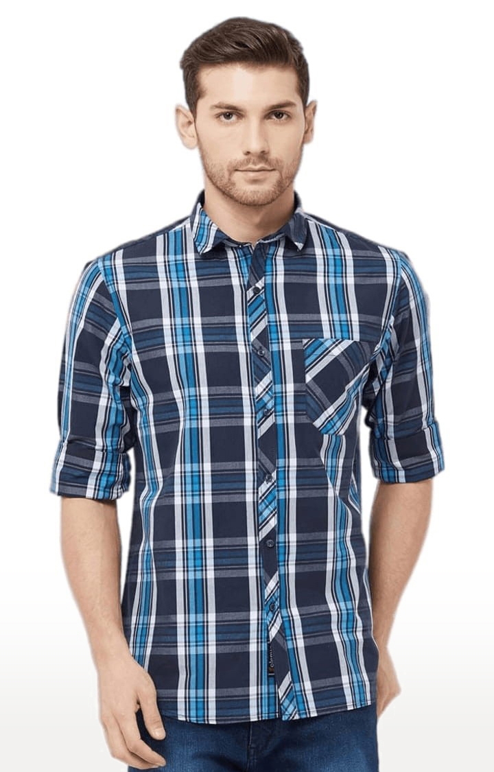 SOLEMIO | Men's Blue Cotton Checked Casual Shirt 0