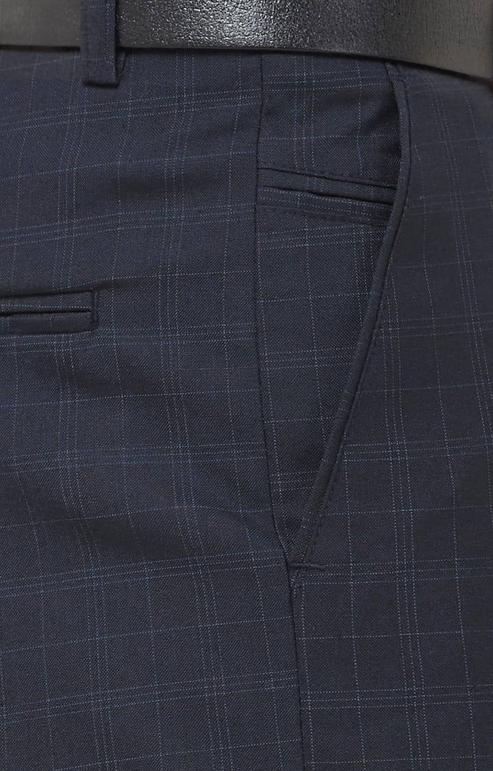SOLEMIO | Men's Blue Polycotton Checked Formal Trousers 5