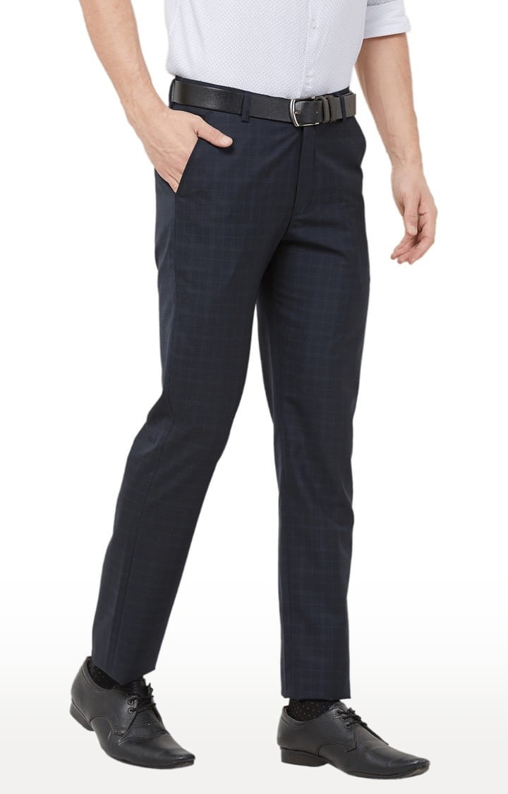 SOLEMIO | Men's Blue Polycotton Checked Formal Trousers 3