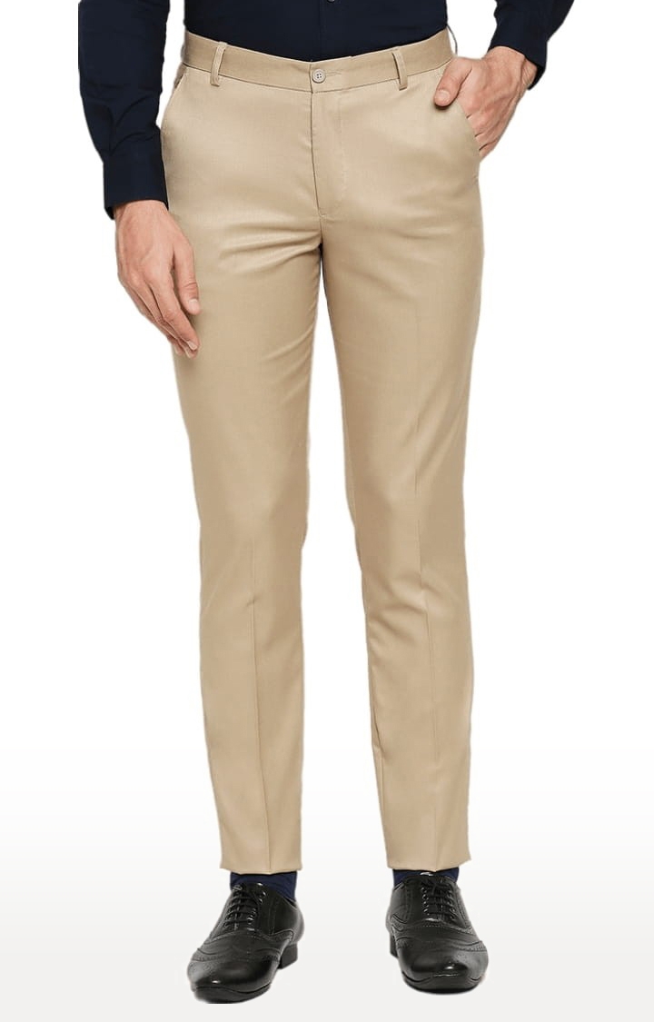 Men's Beige Polyester Solid Formal Trousers