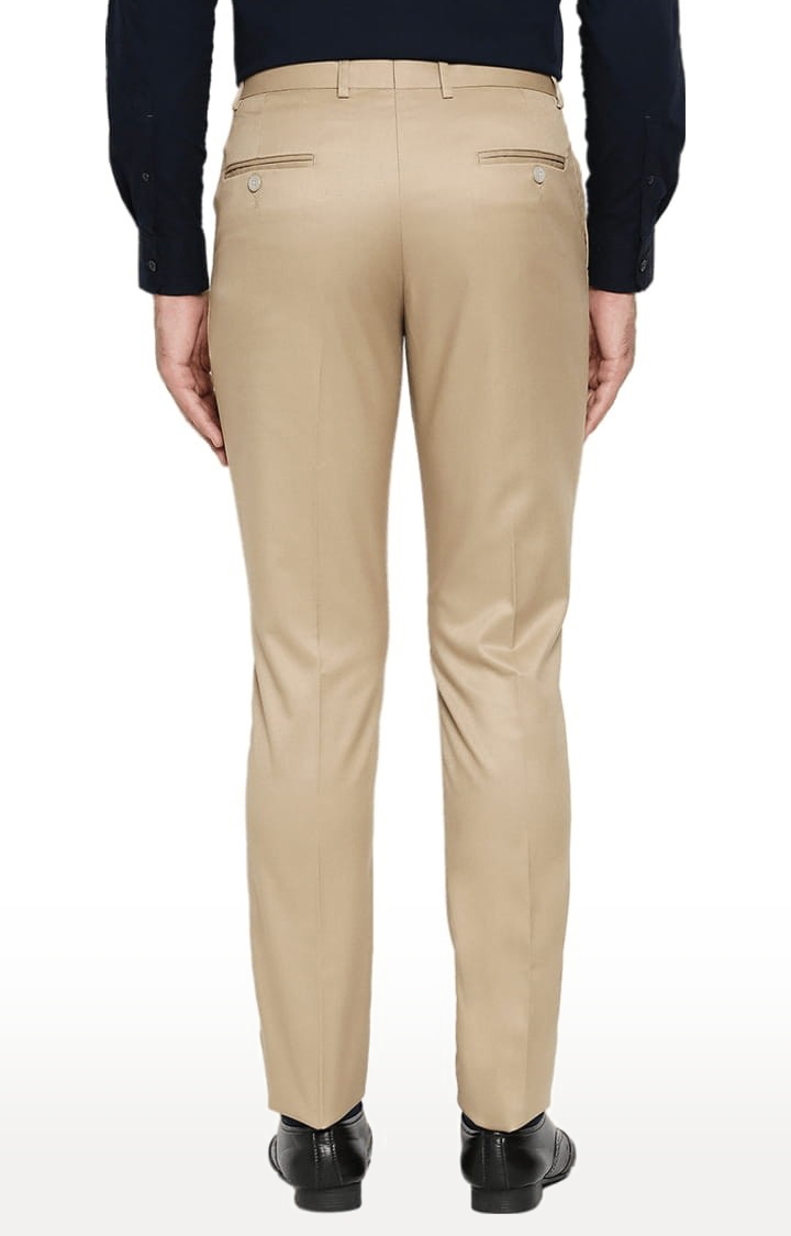 Men's Beige Polyester Solid Formal Trousers