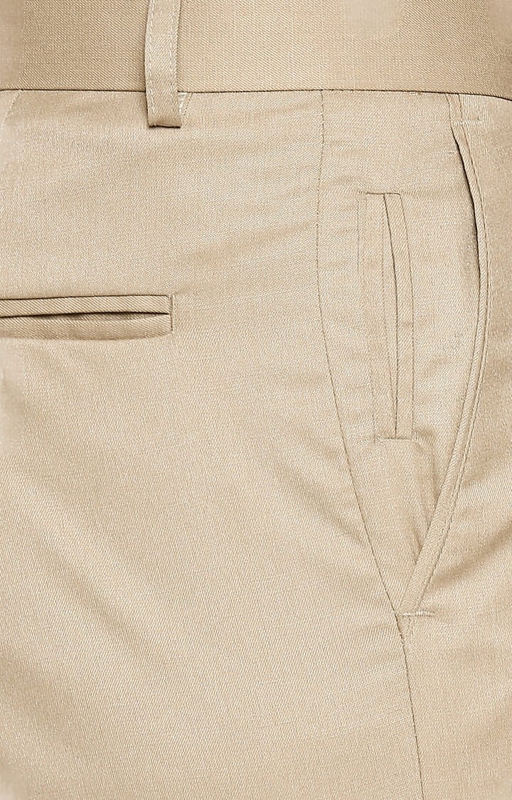 Men's Beige Polyester Solid Formal Trousers